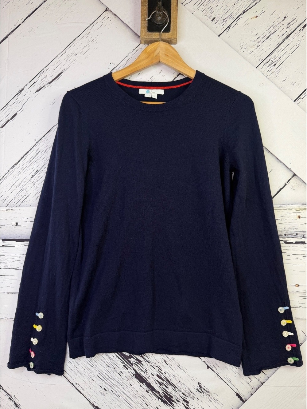 Boden Cabincore Navy Crewneck Multi Colired Sleeve Button Detail Women S